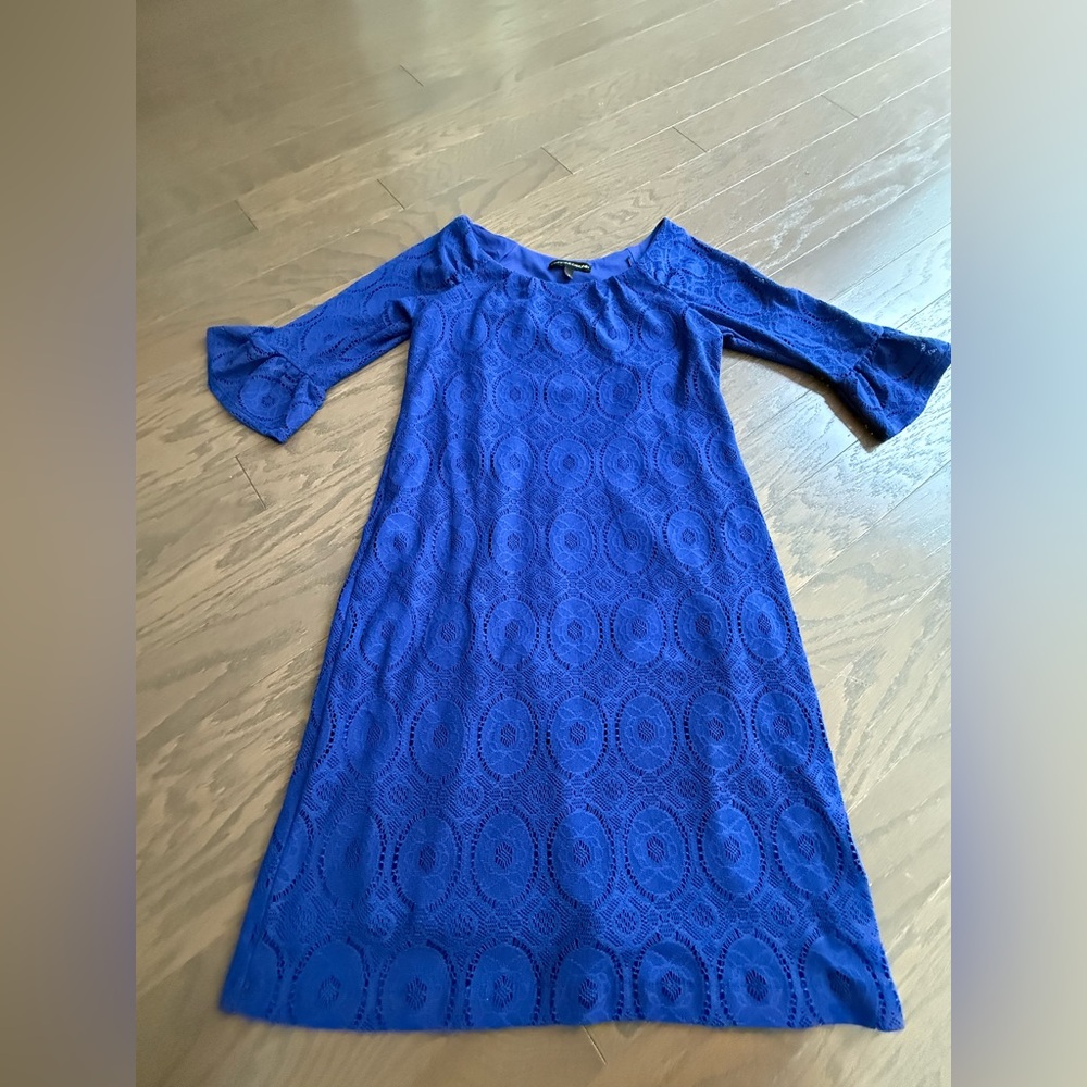 Chris McLaughlin Womens Navy Bell Sleeve Lace Overlay Shift Dress Sz 6 casual